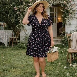 Tash & Sophie Women's Cottage Black Floral Wrap Dress Flutter Sleeve Size L